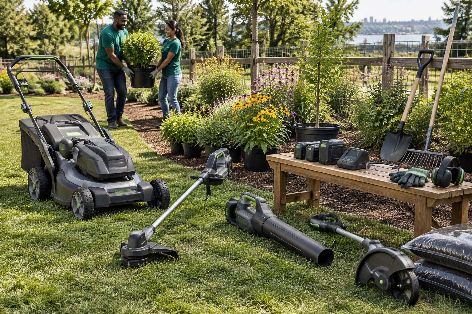 Illustrative battery-powered lawn tools, batteries, protective equipment and plants for prospective in-kind contributions