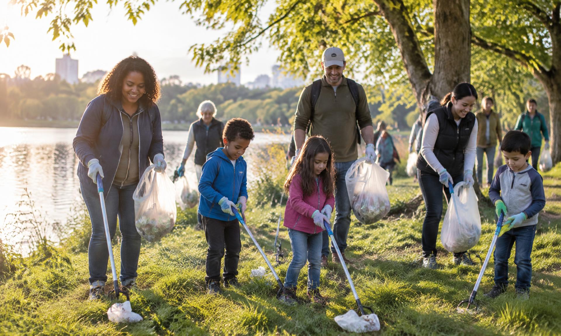 Families and volunteers picking up litter with grabber sticks along a sunlit lakeside park